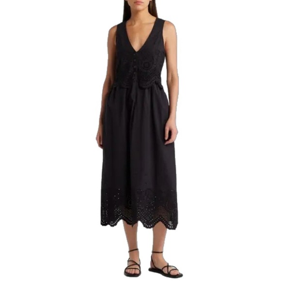 Cleobella Julie Organic Cotton Poplin Eyelet Vest GOTS Midi Dress, Black size M - Picture 1 of 10